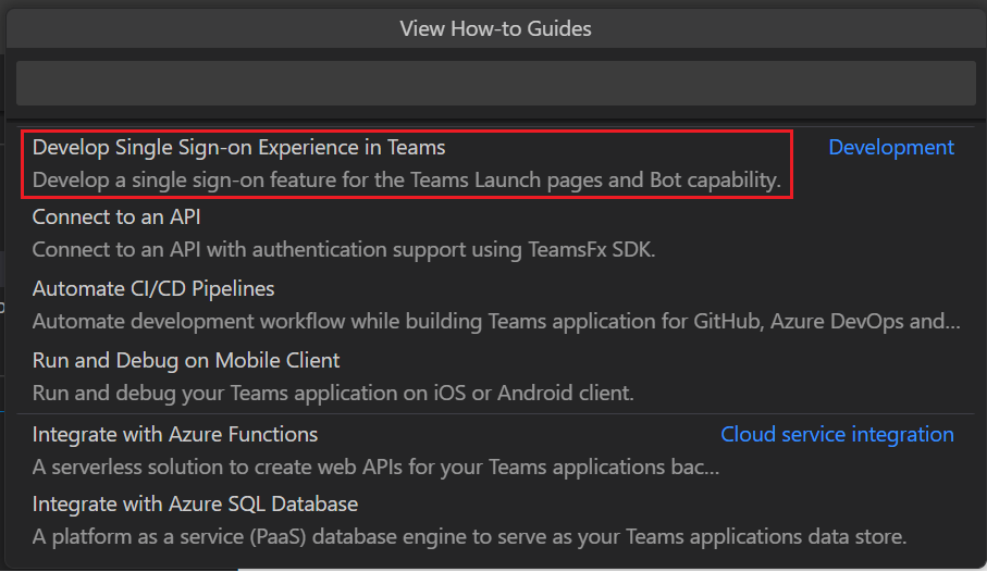 Capture d’écran montrant la fonctionnalité Authentification unique mise en évidence en rouge dans Visual Studio Code.